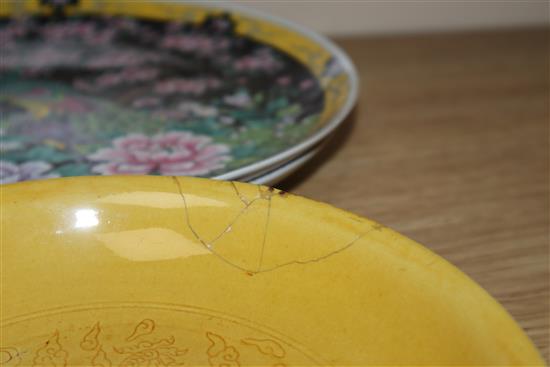 A Chinese ruby ground dish and a yellow dragon dish and two others largest diameter 26cm